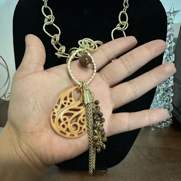 Chico's Gold Tone Long Circle Oval Chain Link Statement Necklace Y Chain - Picture 2 of 3